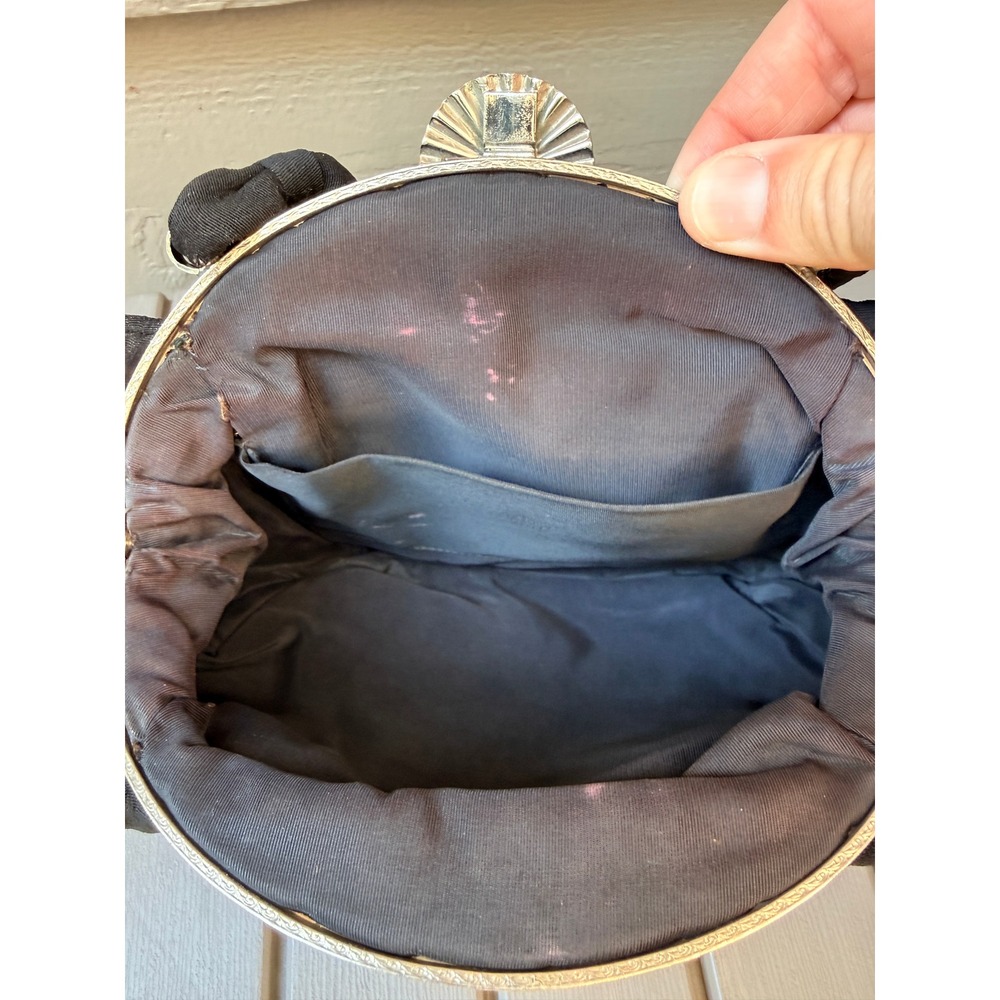 Vintage Black Fabric Handbag Silver Tone Fan Clasp Mid Century Evening Bag -BE - Picture 6 of 6
